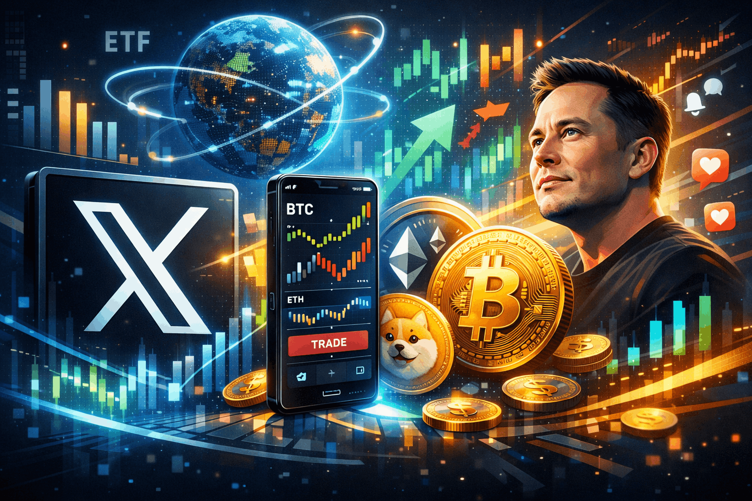 Illustration von Elon Musk neben einem Smartphone mit Bitcoin- und Ethereum-Preis-Charts, umgeben von Bitcoin-, Dogecoin- und Ethereum-Münzen. Im Hintergrund futuristische Stadtlandschaft, vernetzte Weltkugel und leuchtende Finanzdiagramme, die die globale Krypto-Reichweite von X darstellen.