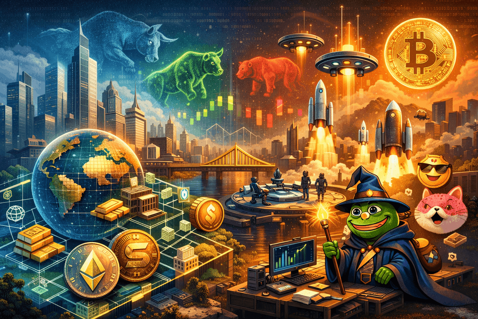 Das Bild visualisiert die Krypto Landschaft im Jahr 2026 als Übergang von Spekulation zu Struktur. Institutionelle Finanzwelt, On Chain Infrastruktur, Bitcoin als makroökonomisches Asset und der weiterhin starke Einfluss von Meme Narrativen verschmelzen zu einem neuen Marktzyklus. Technologie, Kapital und Kultur treffen in einem gemeinsamen Ökosystem aufeinander und zeigen, wie erwachsen und gleichzeitig dynamisch der Markt geworden ist.