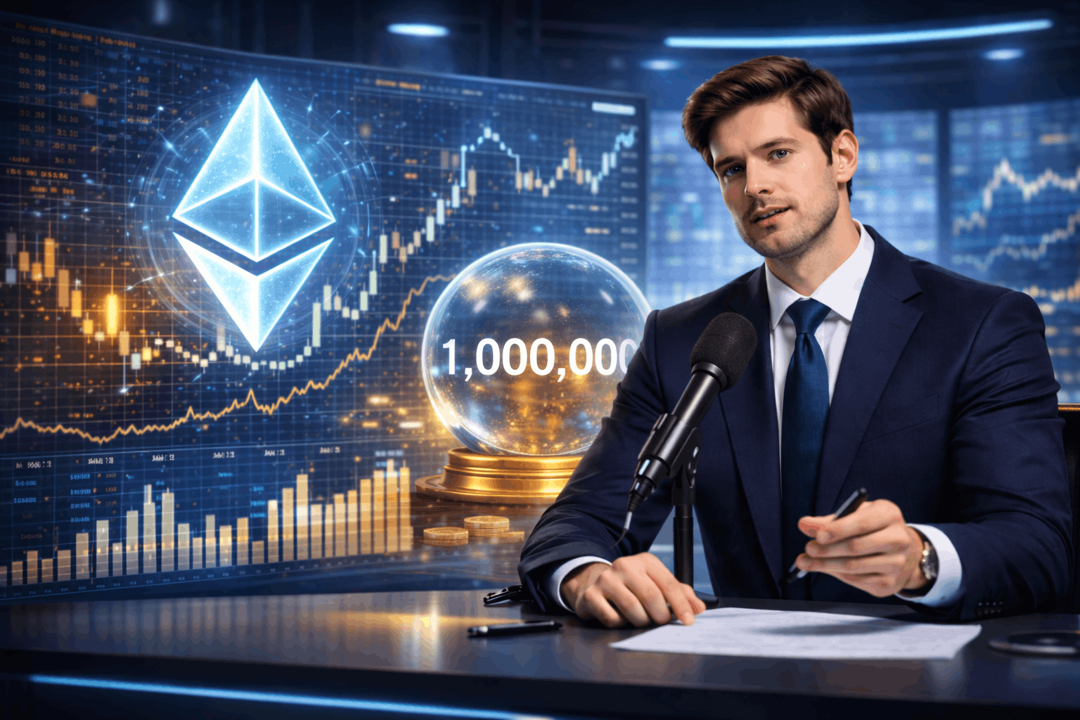 Krypto Analyst im News Studio mit leuchtendem Ethereum Symbol und detaillierten Kurscharts im Hintergrund, realistische Finanzszene mit Fokus auf Ethereum Prognose und Marktentwicklung