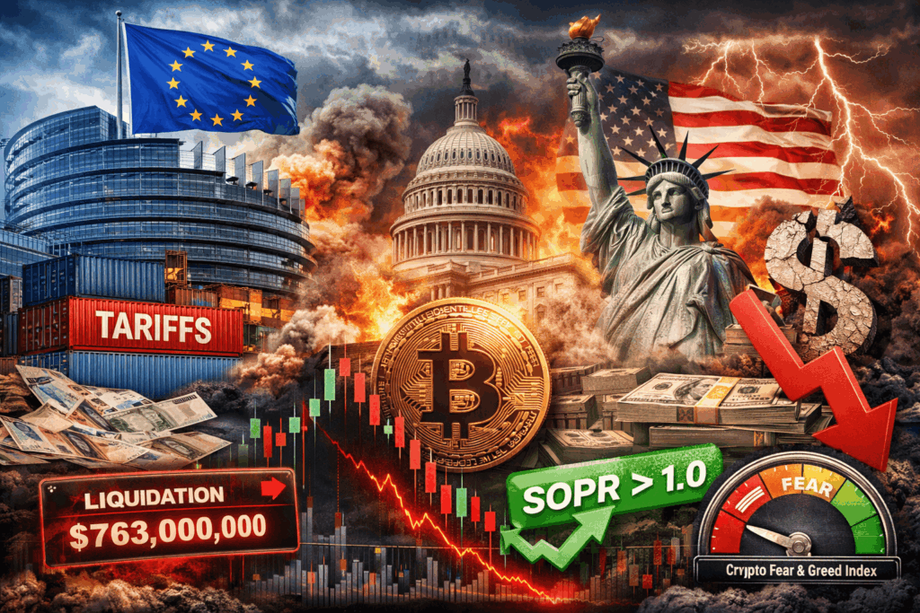 Digitale Illustration mit EU Parlament und US Symbolen, Handelskonflikt und fallenden Märkten, Bitcoin im Zentrum, Liquidationen und Krypto Angst Index im Vordergrund.