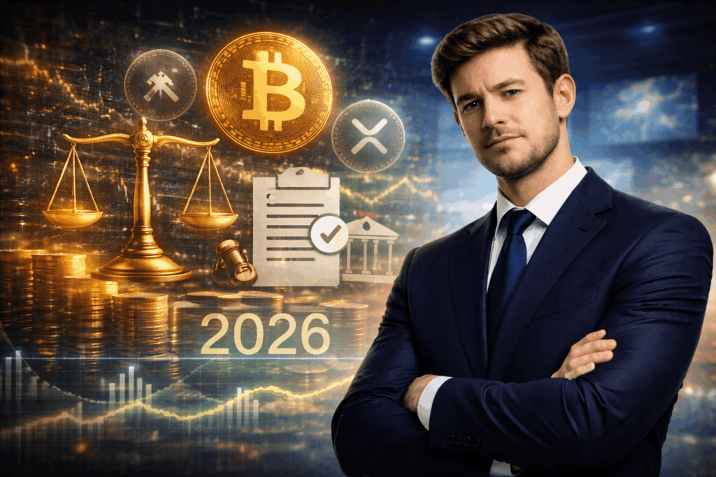 Selbstbewusster Mann im Anzug vor einer futuristischen Finanzkulisse mit Bitcoin, XRP, Justizwaage und Regulierungssymbolen, die die Krypto Regulierung im Jahr 2026 darstellen.