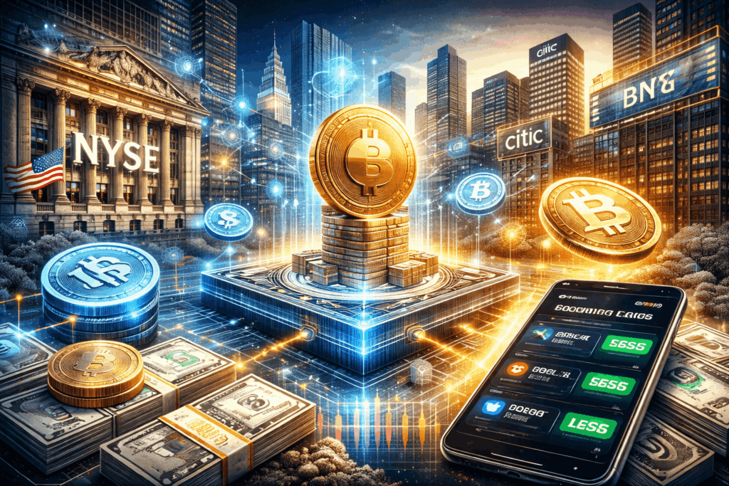 Futuristische Darstellung der New York Stock Exchange mit Blockchain-Netzwerken, Bitcoin-Token, Stablecoins und digitalen Wertpapieren, die den Übergang von traditionellen Finanzmärkten zu tokenisiertem 24/7 Onchain-Handel symbolisieren.