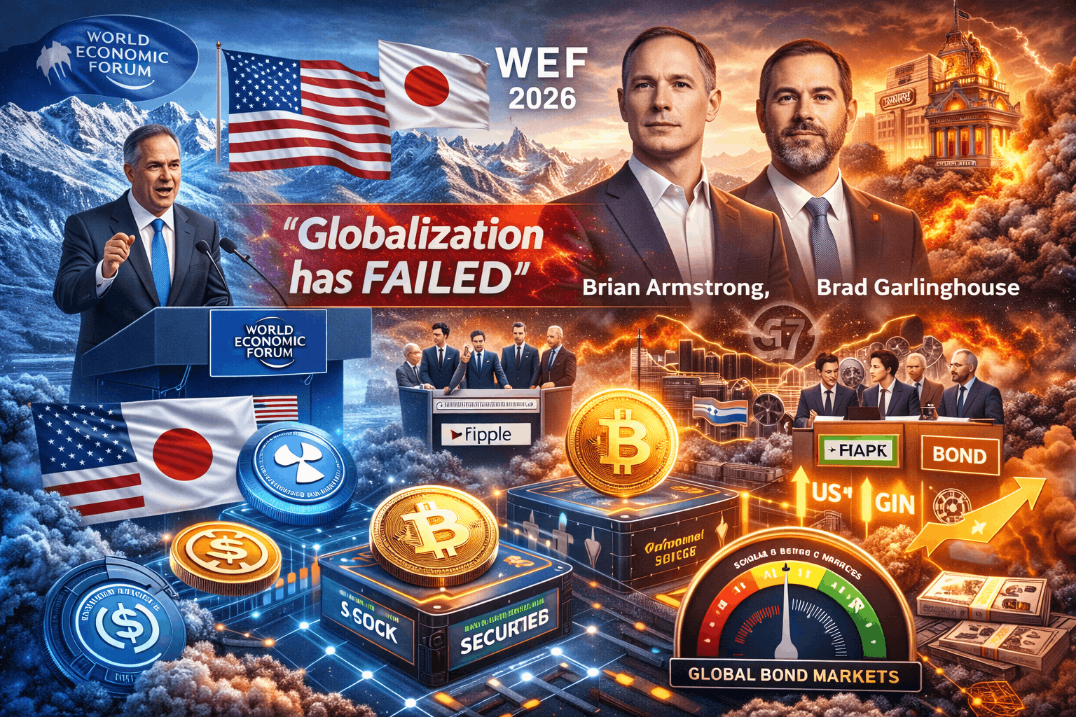 Dramatische Illustration eines Weltwirtschaftsforums mit Flaggen der USA und Japans, Rednerpult, zwei führenden Technologie Managern, G7 Symbolik, Kryptowährungen, Börsenanzeigen und einem Hinweis auf scheiternde Globalisierung vor einer geteilten Eis und Feuer Landschaft.