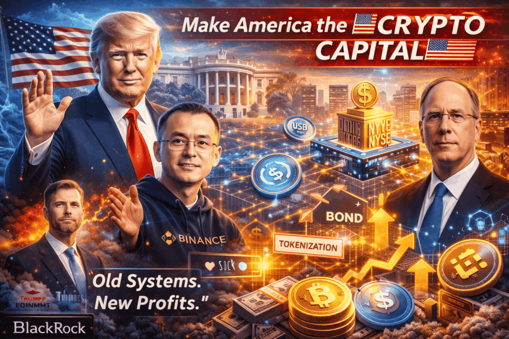 Digitale Illustration mit US-Flagge, White House und bekannten Finanz- und Krypto-Vertretern, umgeben von Symbolen für Bitcoin, Tokenisierung, Stablecoins, Börsen und steigende Märkte, als Darstellung des Wandels der USA hin zu einer Krypto-getriebenen Finanzordnung.