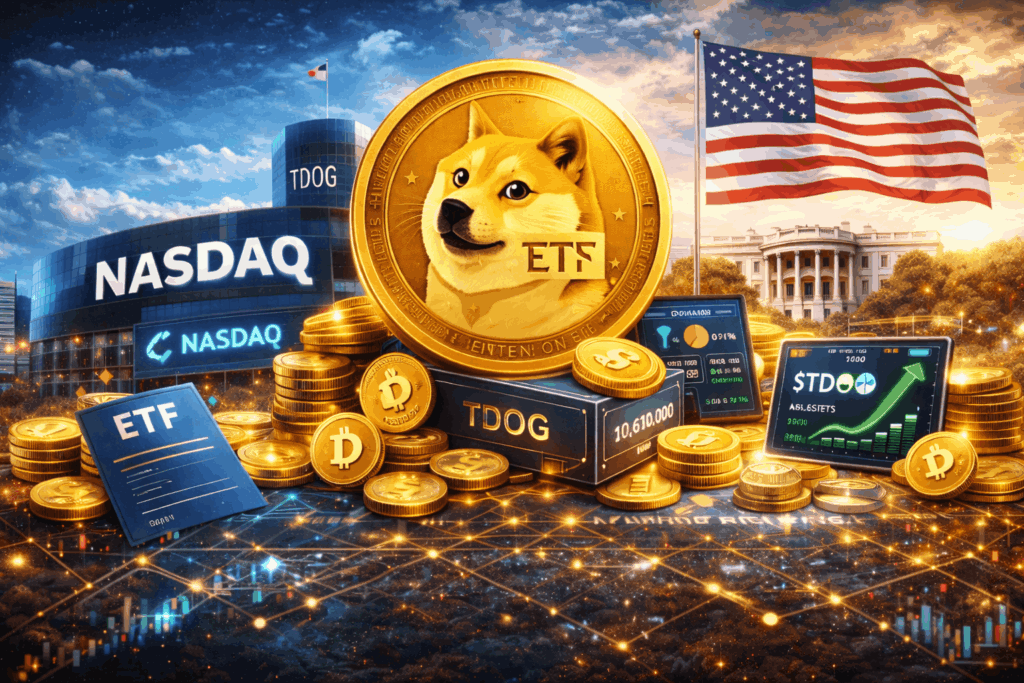 Goldene Dogecoin Münze im Mittelpunkt einer modernen Finanzszene mit Börsengebäuden, digitalen Marktgrafiken und symbolischer Verbindung zwischen Kryptowährung und traditionellem Finanzsystem in einem breiten Landscape Format.