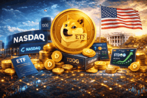 Goldene Dogecoin Münze im Mittelpunkt einer modernen Finanzszene mit Börsengebäuden, digitalen Marktgrafiken und symbolischer Verbindung zwischen Kryptowährung und traditionellem Finanzsystem in einem breiten Landscape Format.