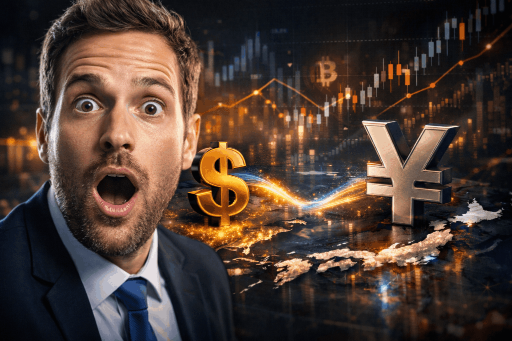 Nahaufnahme einer überraschten Person, die direkt in die Kamera blickt. Im Hintergrund eine stilisierte Weltkarte mit Fokus auf die USA und Japan, verbunden durch leuchtende Finanzlinien. Grafische Symbole von US Dollar und japanischem Yen stehen sich gegenüber, begleitet von abstrakten Marktcharts, steigenden Kursbewegungen und dezenten Bitcoin Symbolen. Dramatische Lichtstimmung im Stil eines modernen Wirtschafts Nachrichten Titelbilds.