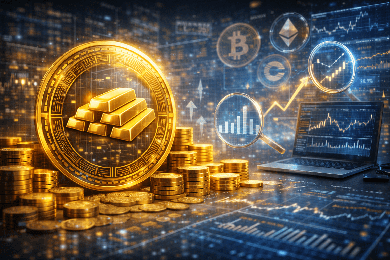 Futuristische Finanzdarstellung mit einem goldenen Token, der physisches Gold repräsentiert, umgeben von Kryptowährungs Charts, digitalen Marktdaten und Analyse Bildschirmen in einer modernen Krypto Handelsumgebung.