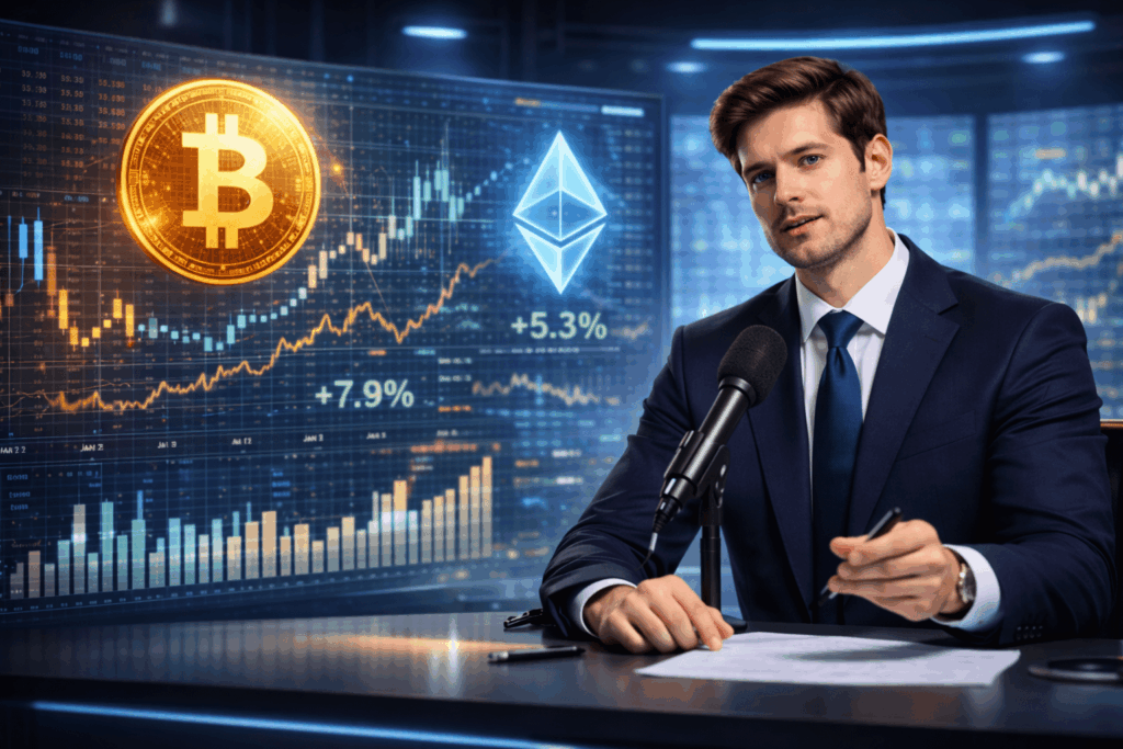 Finanzanalyst in einem modernen Studio vor großen digitalen Charts mit Bitcoin- und Ethereum-Symbolen, die Kursentwicklungen zu Beginn des Jahres anzeigen.