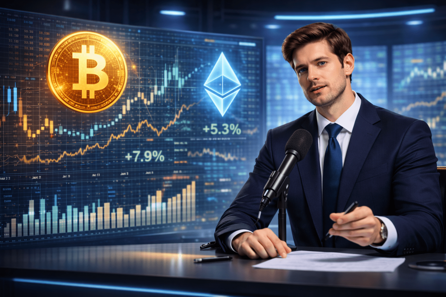 Finanzanalyst in einem modernen Studio vor großen digitalen Charts mit Bitcoin- und Ethereum-Symbolen, die Kursentwicklungen zu Beginn des Jahres anzeigen.