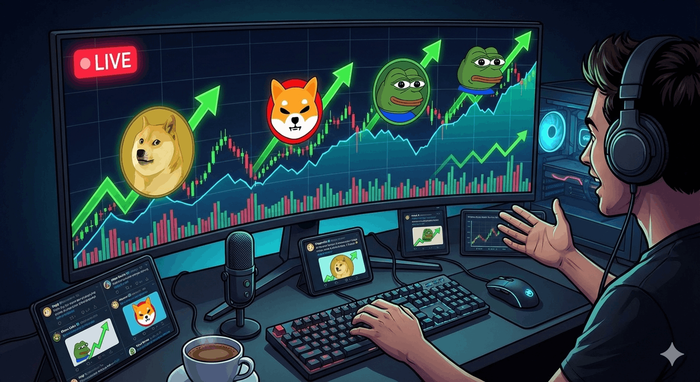Ein Mann mit Kopfhörern sitzt vor einem gekrümmten Monitor und einem Setup für einen Live-Stream. Auf dem großen Bildschirm ist ein Kryptowährungs-Chart mit steigenden grünen Pfeilen zu sehen, begleitet von den Logos bekannter Meme Coins wie Dogecoin, Shiba Inu und Pepe. Auf dem Bildschirm sind auch soziale Medien und ein "LIVE"-Banner zu sehen. Der Mann gestikuliert, während er spricht, was auf eine Live-Analyse von Meme Coins hindeutet.