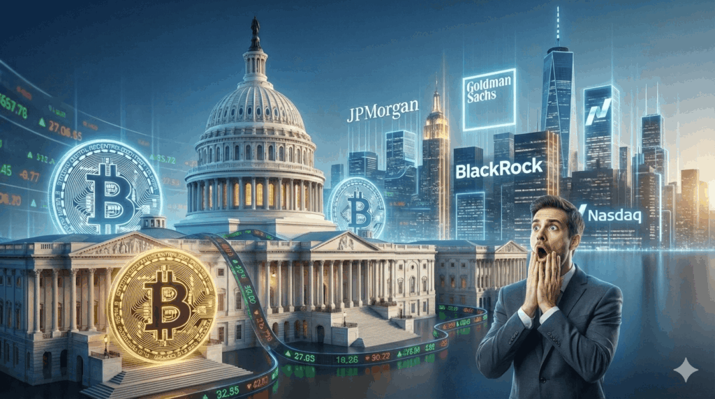 Ein Mann im Anzug mit einem Gesichtsausdruck des Entsetzens steht im Vordergrund links. Hinter ihm befindet sich das US-Kapitol, um das große, leuchtende Bitcoin-Symbole und ein grünes Börsenband mit Zahlen schweben. Im Hintergrund ist eine nächtliche Skyline mit Hochhäusern zu sehen, auf denen die beleuchteten Schriftzüge "JPMorgan", "Goldman Sachs", "BlackRock" und "Nasdaq" angebracht sind.