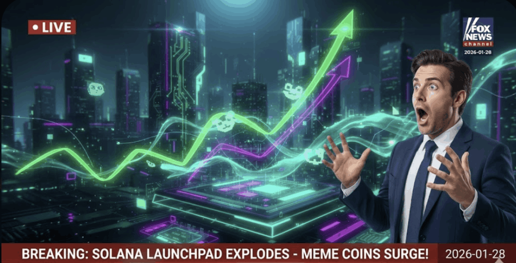 Überraschter Nachrichtensprecher vor futurischer Stadt, während leuchtende Krypto Kursgrafiken stark ansteigen und eine Breaking News Meldung zu Solana und Meme Coins eingeblendet ist.
