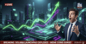 Überraschter Nachrichtensprecher vor futurischer Stadt, während leuchtende Krypto Kursgrafiken stark ansteigen und eine Breaking News Meldung zu Solana und Meme Coins eingeblendet ist.
