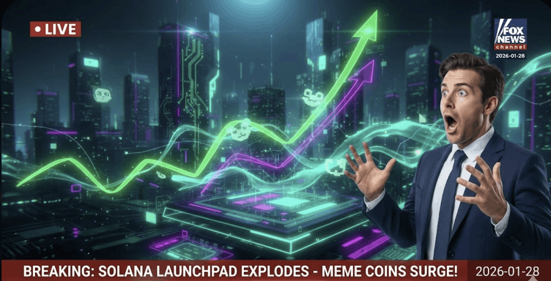 Überraschter Nachrichtensprecher vor futurischer Stadt, während leuchtende Krypto Kursgrafiken stark ansteigen und eine Breaking News Meldung zu Solana und Meme Coins eingeblendet ist.