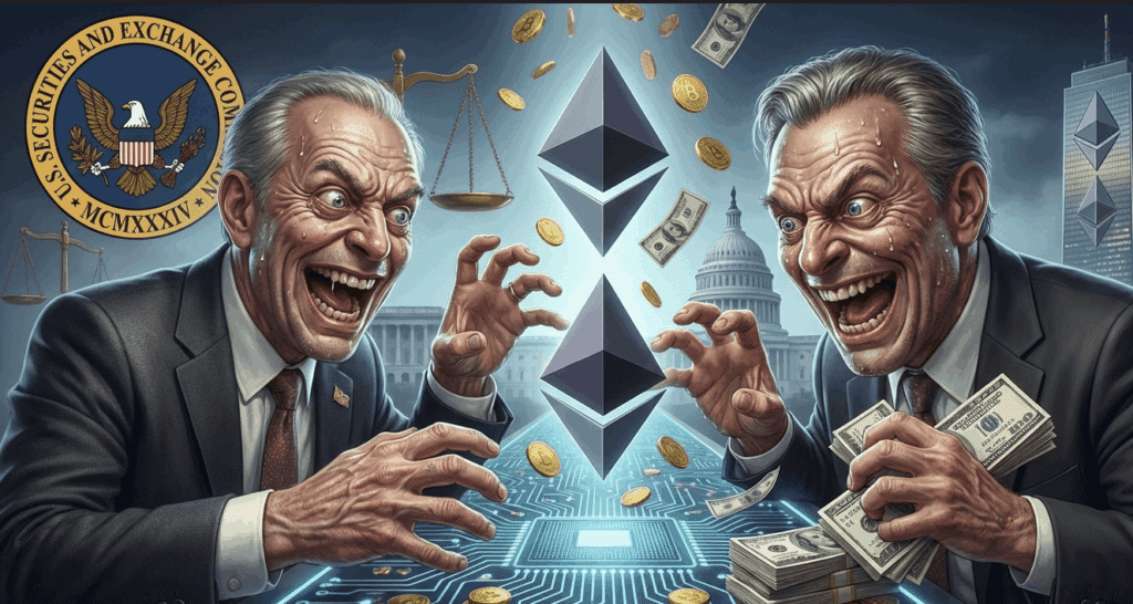 Illustration eines Machtkampfs zwischen US Finanzaufsicht und Kryptowährungen mit Ethereum Symbolen, Geldscheinen und Regierungsgebäuden