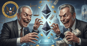 Illustration eines Machtkampfs zwischen US Finanzaufsicht und Kryptowährungen mit Ethereum Symbolen, Geldscheinen und Regierungsgebäuden