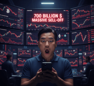 Schockierter Krypto-Trader vor Trading-Bildschirmen mit rotem 700 Milliarden Dollar Sell-Off Alert und fallenden Bitcoin-Charts