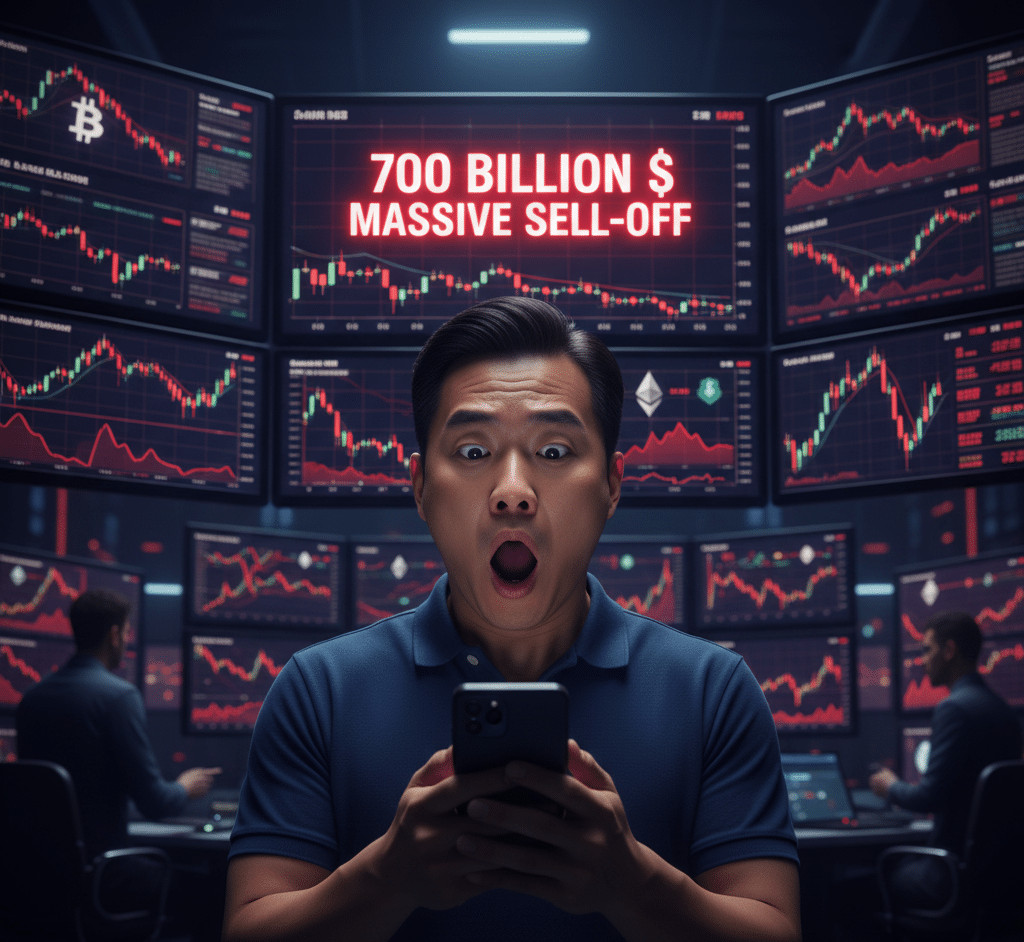 Schockierter Krypto-Trader vor Trading-Bildschirmen mit rotem 700 Milliarden Dollar Sell-Off Alert und fallenden Bitcoin-Charts