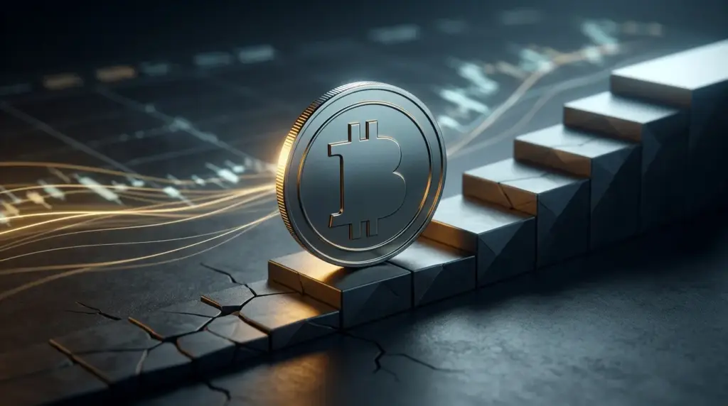 Bitcoin coin on an ascending market structure representing a new support base and potential move toward higher resistance