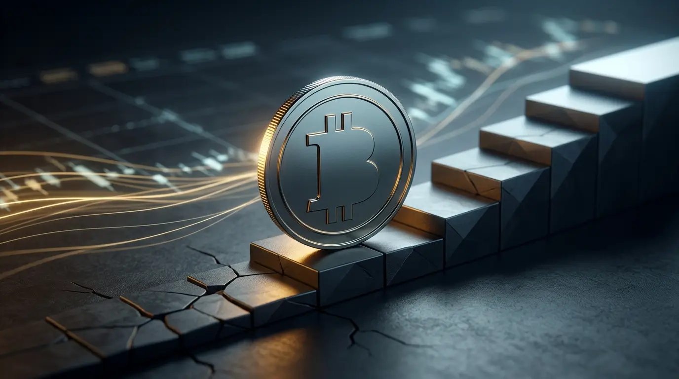 Bitcoin coin on an ascending market structure representing a new support base and potential move toward higher resistance