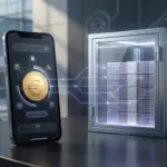 Smartphone and secure reserve vault illustrating Revolut’s EURR euro stablecoin launch under MiCA