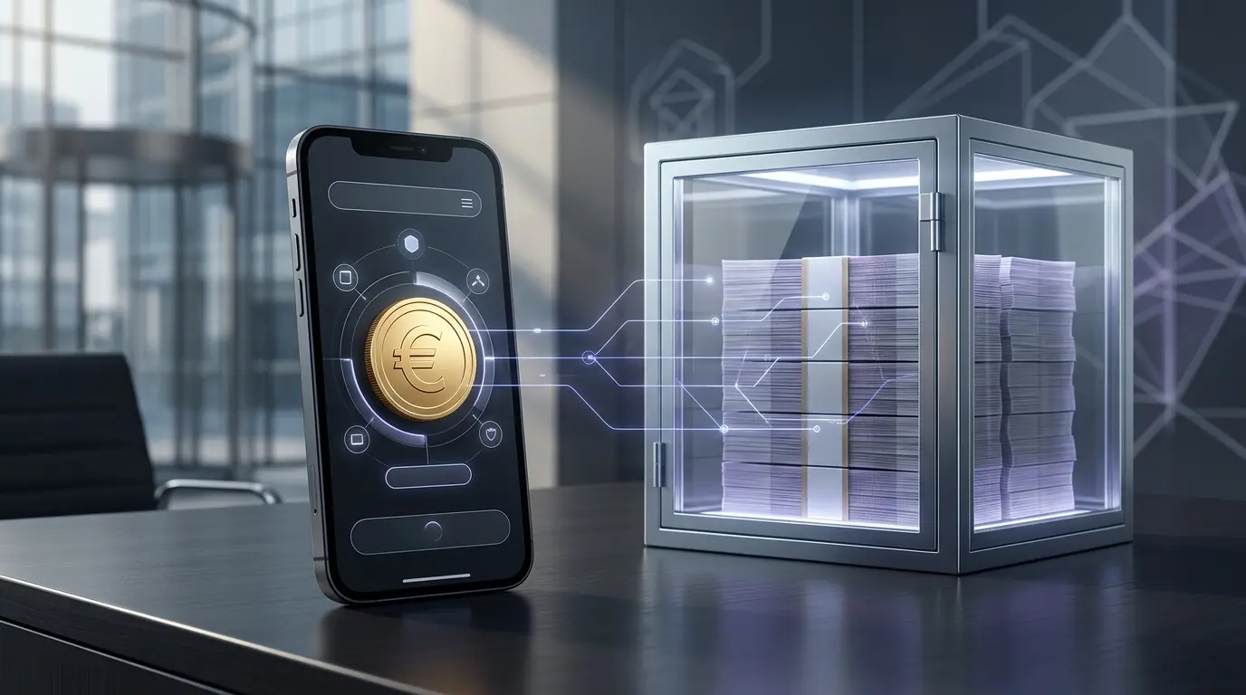 Smartphone and secure reserve vault illustrating Revolut’s EURR euro stablecoin launch under MiCA