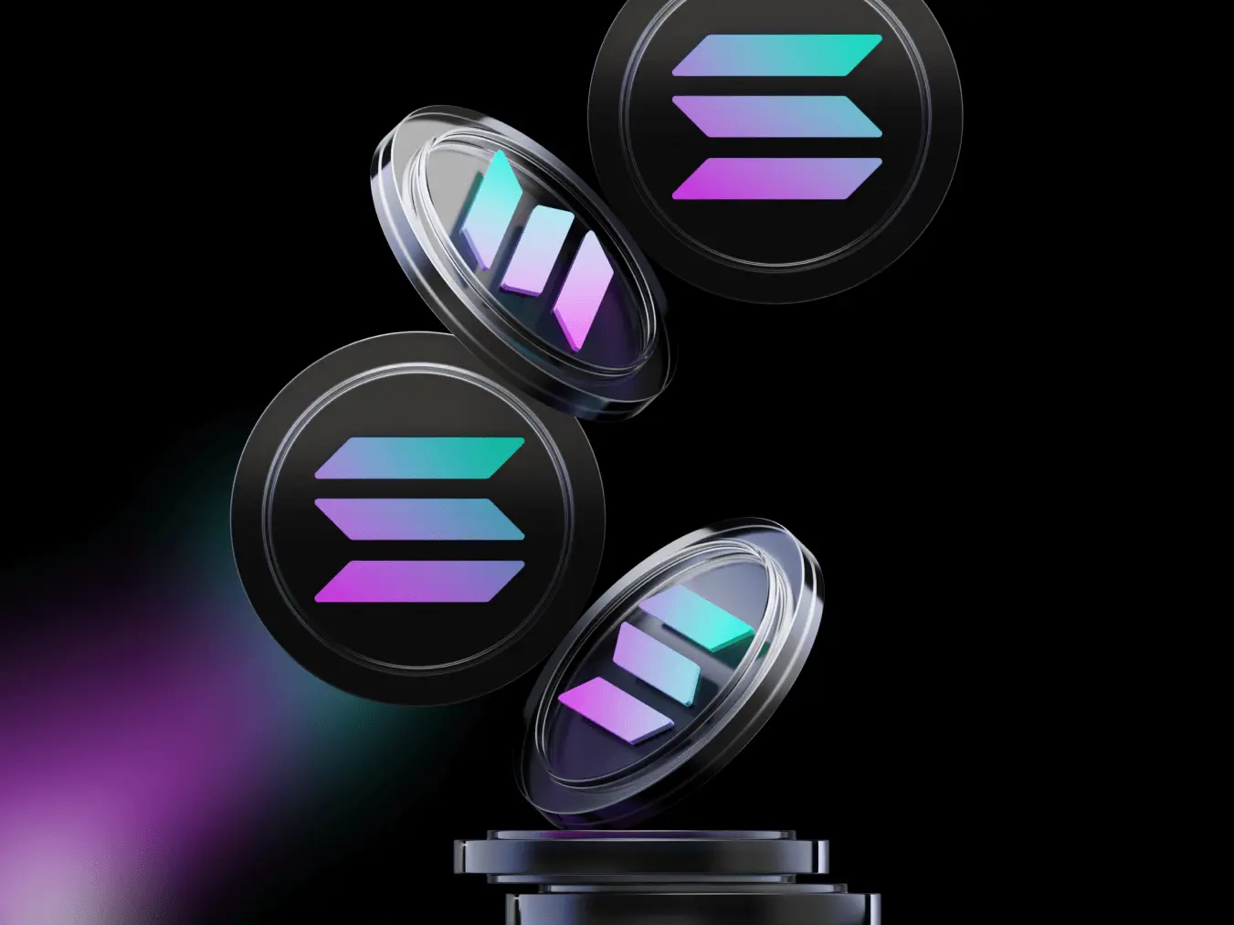Solana Sol Cryptocurrency Blockchain Inline Four 3D stylized Solana SOL cryptocurrency coins floating against a black background with purple and teal accents