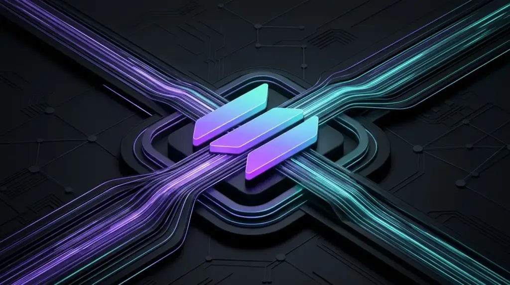 Abstract visualization of Solana blockchain network activity expanding through luminous digital transaction pathways