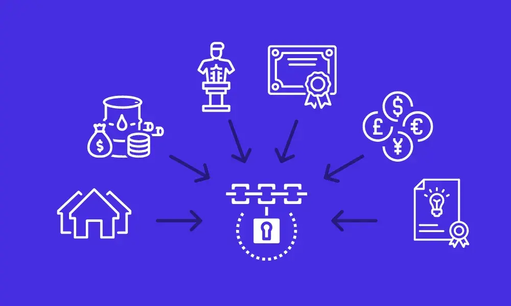 Tokenized Assets Digital Blockchain Finance Inline White line art on blue background showing real estate, art, and currency icons flowing into a blockchain lock symbol.