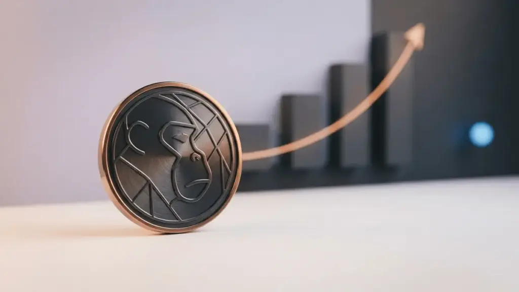 Abstrakter Apeing-Kryptotoken neben aufsteigender Marktgrafik für Presale und Staking