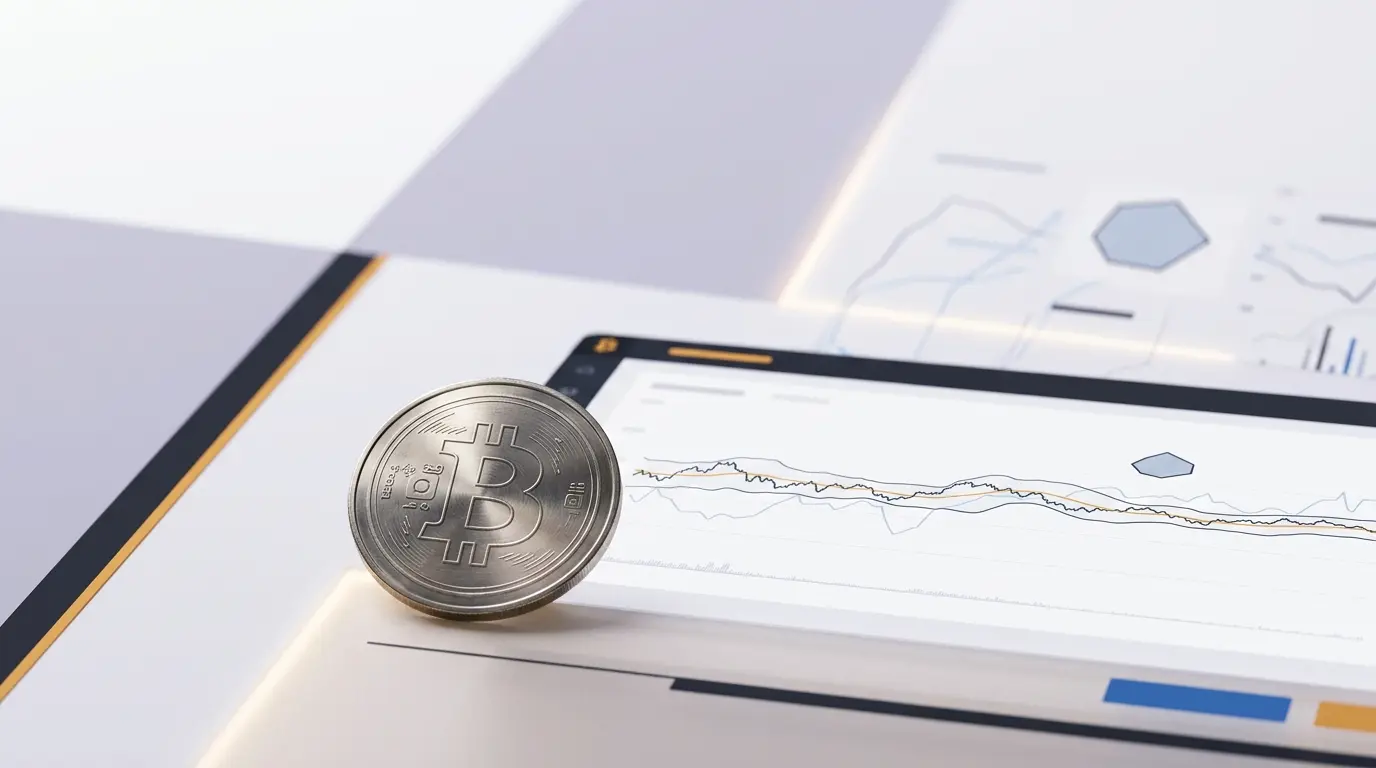 Bitcoin coin beside a nearly flat volatility chart, illustrating calm markets without a clear buy signal