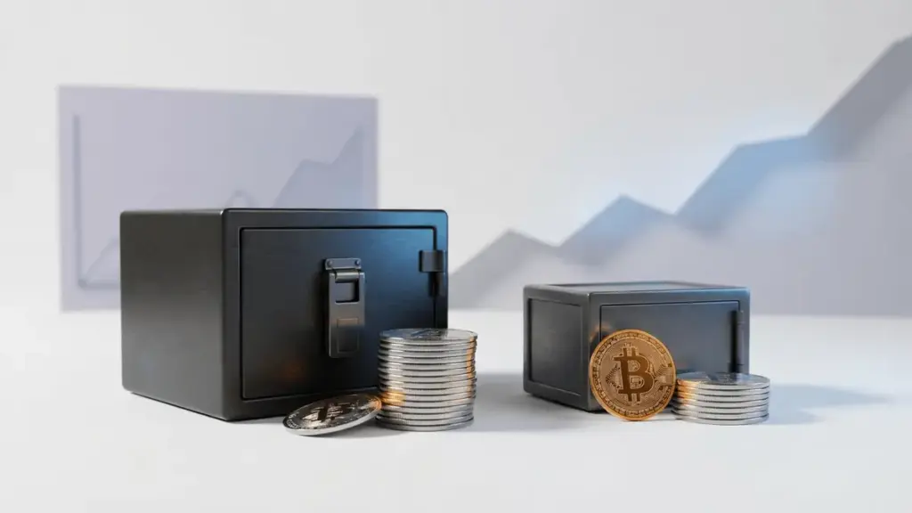 Zwei institutionelle Bitcoin-Reserven symbolisieren wachsende Treasury-Bestände von Strategy und Strive.
