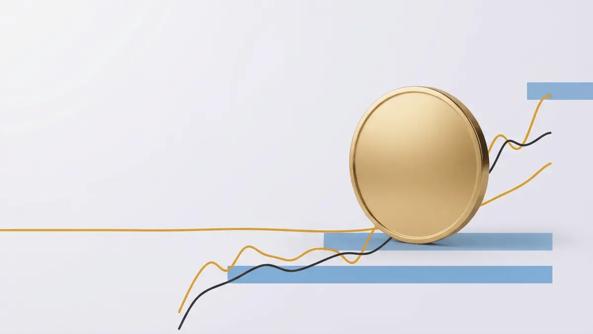 Goldene Bitcoin-Münze über einer langfristigen Trendlinie mit markiertem Wochenschluss