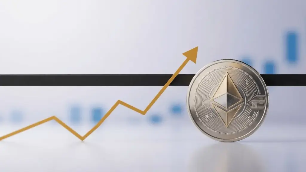 Ethereum-Münze vor einer markanten Widerstandszone mit aufwärtsgerichteter Kurslinie