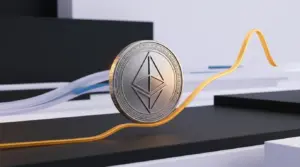 Ethereum Steigt Auf 2665 Dollar Und Faellt Zurueck Ethereum-Münze mit starkem Kursanstieg und anschließendem Rücksetzer in orangefarbener Finanzszene