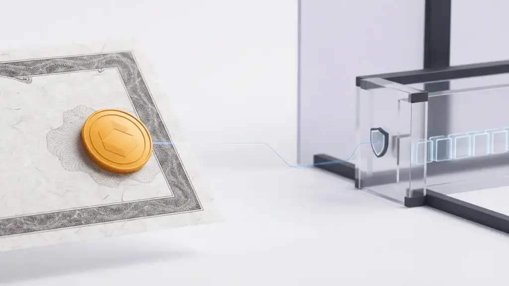Goldener Aktien-Token an einer kontrollierten Blockchain-Zugangsschranke vor hellem Fintech-Hintergrund