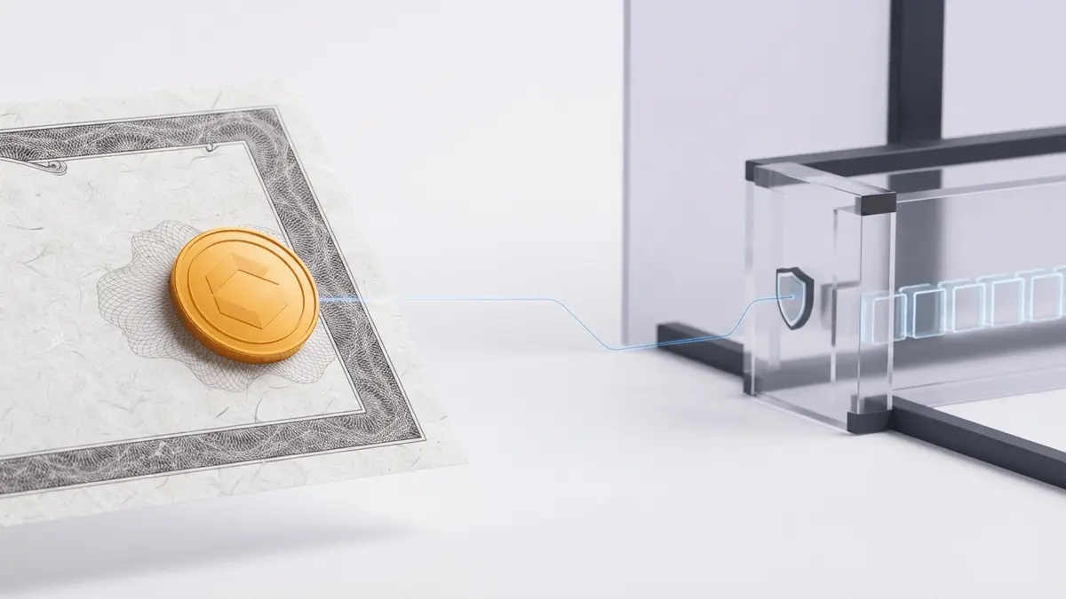 Goldener Aktien-Token an einer kontrollierten Blockchain-Zugangsschranke vor hellem Fintech-Hintergrund