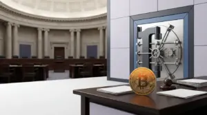 Bitcoin vor dem US-Kapitol symbolisiert die geplante gesetzliche Bitcoin-Reserve der USA
