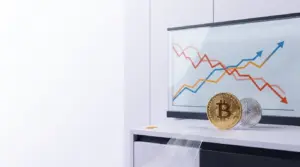 Institutionelle Nachfrage Kuehlt Ab Bitcoin Etfs Unter Druck Bitcoin- und Ethereum-Münzen vor abstrakten fallenden Kapitalströmen als Symbol für ETF-Abflüsse