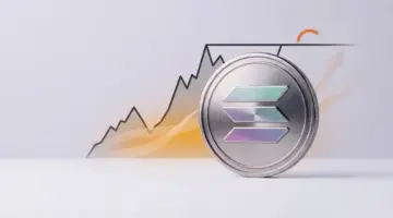 Solana-Coin vor einer Widerstandszone mit orangefarbenen Kapitalzuflüssen und überhitztem Momentum-Chart
