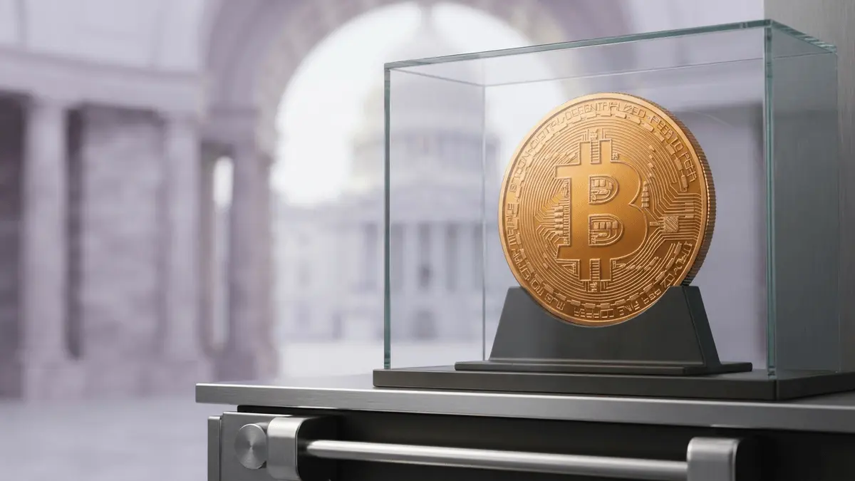 Bitcoin in a secure institutional vault symbolizing long-term protection of US government reserves