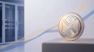XRP-inspirierte Münze vor abstrahierter Aufwärtskurve und institutioneller Verwahrtechnik